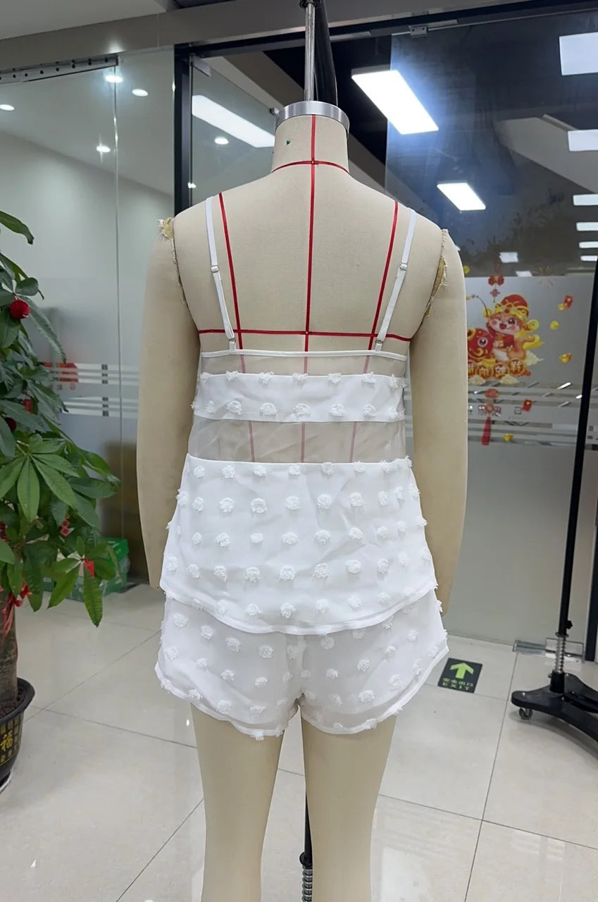 BXOXO Women 2 Piece Pajamas Set Swiss Dot Sheer Patchwork Camisole and Elastic Shorts for Loungewear Soft Sleepwear