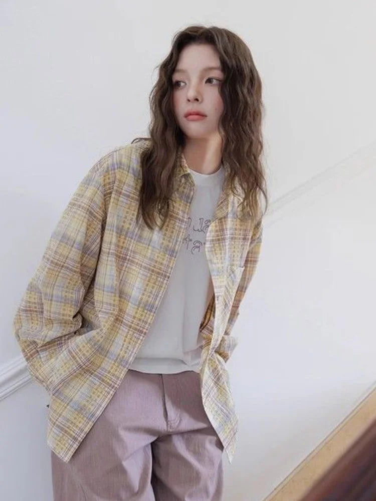 Bxoxo Sweet Yellow Plaid Shirt Women Casual Vintage Long Sleeve Pocket Blouse American Fall Preppy Style Female Retro Loose Tops New