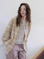 Bxoxo Sweet Yellow Plaid Shirt Women Casual Vintage Long Sleeve Pocket Blouse American Fall Preppy Style Female Retro Loose Tops New