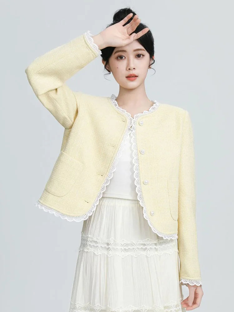 Bxoxo Sweet Yellow Tweed Jackets Women Vintage Lace Patchwork Elegant Short Coat French Retro Casual O Neck Long Sleeve Fall Outwear