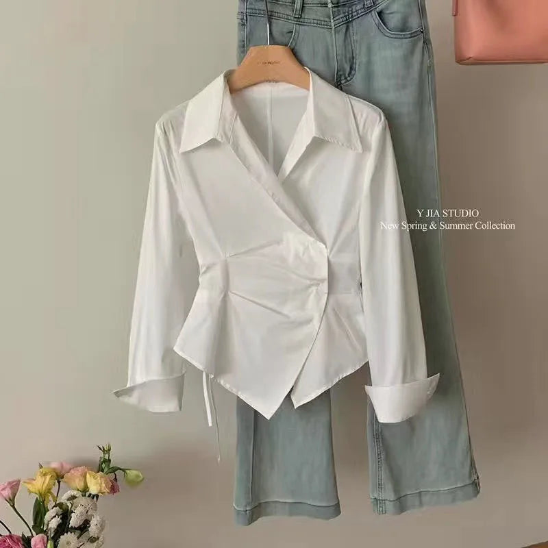 Bxoxo Blue Striped Shirts Women Vintage Elegant Irregular Waist White Blouses Ladies Korean Long Sleeve Chic Buttons Slim Design Tops