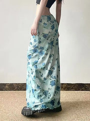 Bxoxo Vintage Mesh Floral Long Skirt Women Elegant Low Waist Slim Sexy Skirts Retro American Streetwear Casual Elastic Long Skirt