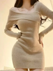 BXOXO Summer Women Long Sleeve Dress Slim Knitting Female Clothes Streetwear Vacation Casual Soft Sweet Sexy Korea Fashion Dress