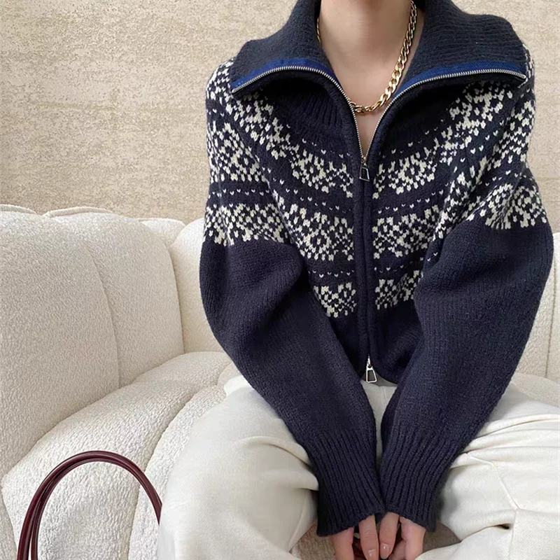 Bxoxo Women Fair Isle Sweater Zipper Front Collared Zip-up Sweater Knit Jacket Cozy Knitwear Teen-girl Fall Winter Vintage Outfit