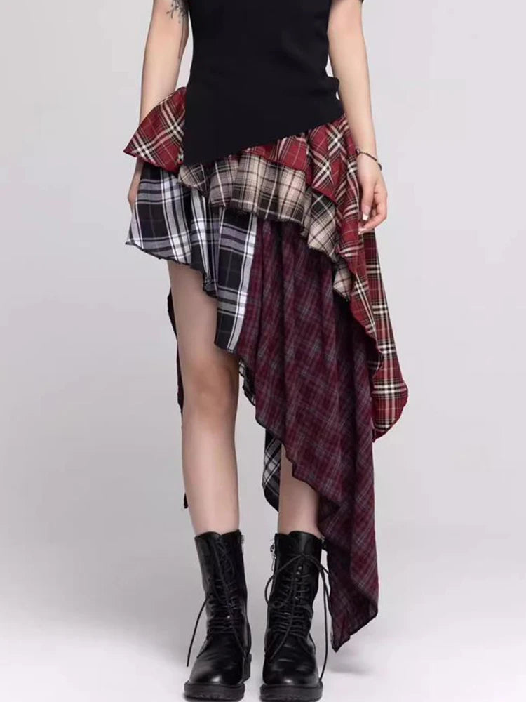 Bxoxo Irregular Y2K Plaid Skirt Women High Waist Vintage Streetwear Gothic Long Skirts American Retro Harajuku Lady Summer Skirts
