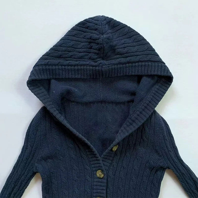 Bxoxo American Navy Blue Knitted Hooded Cardigan Y2K Fashion Slim Casual Buttons Sweater Jacket Female Long Sleeve All-Match Sweaters