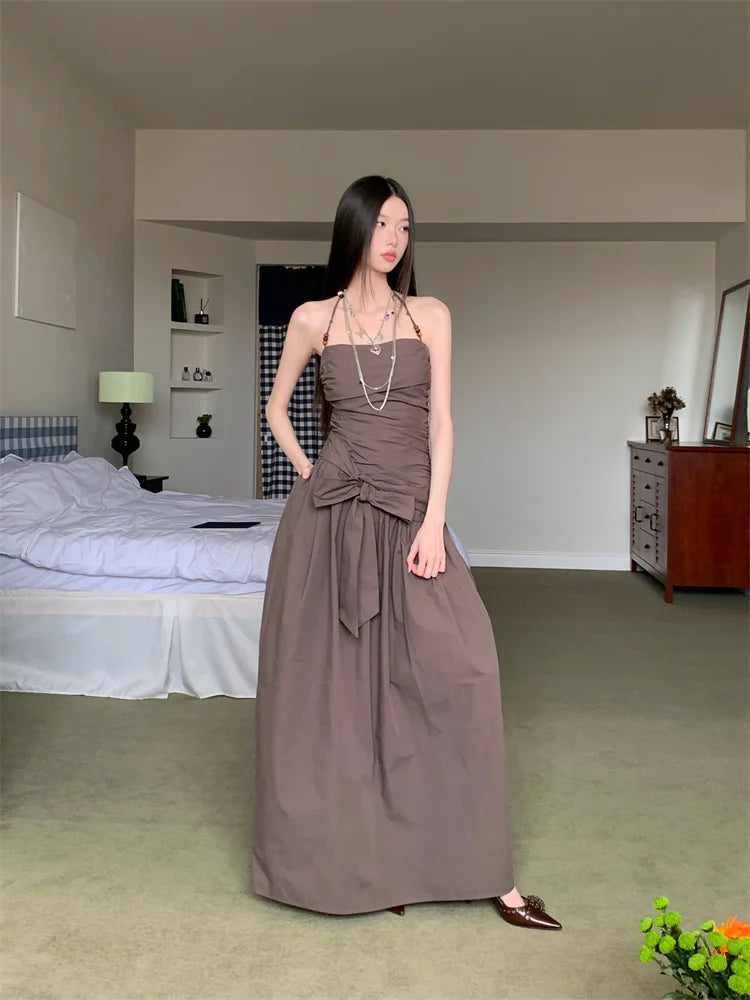 Bxoxo Ruched Backless Halter Maxi Dress For Woman Summer 2025 Tunic Ball Gown Strapless Long Dress Elegant Party Clothes
