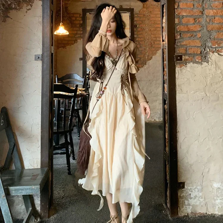 Bxoxo French Fashion Retro Vacation Style Camisole Dress+cardigan Two-piece Set Summer Temperament Long Dresses Female Clothing