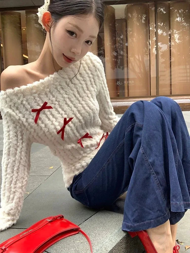 BXOXO Bow Off Shoulder White Knitted Sweater for Women 2025 Early Autumn New Bottoming Tops Mujer Y2k Long Sleeved Pullovers T Shirts