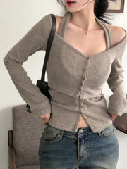Bxoxo Fashion 2 Piece Set Women’s Halter Top Tee Long Sleeves Korean Style Office Lady Simple All-Match Blouses