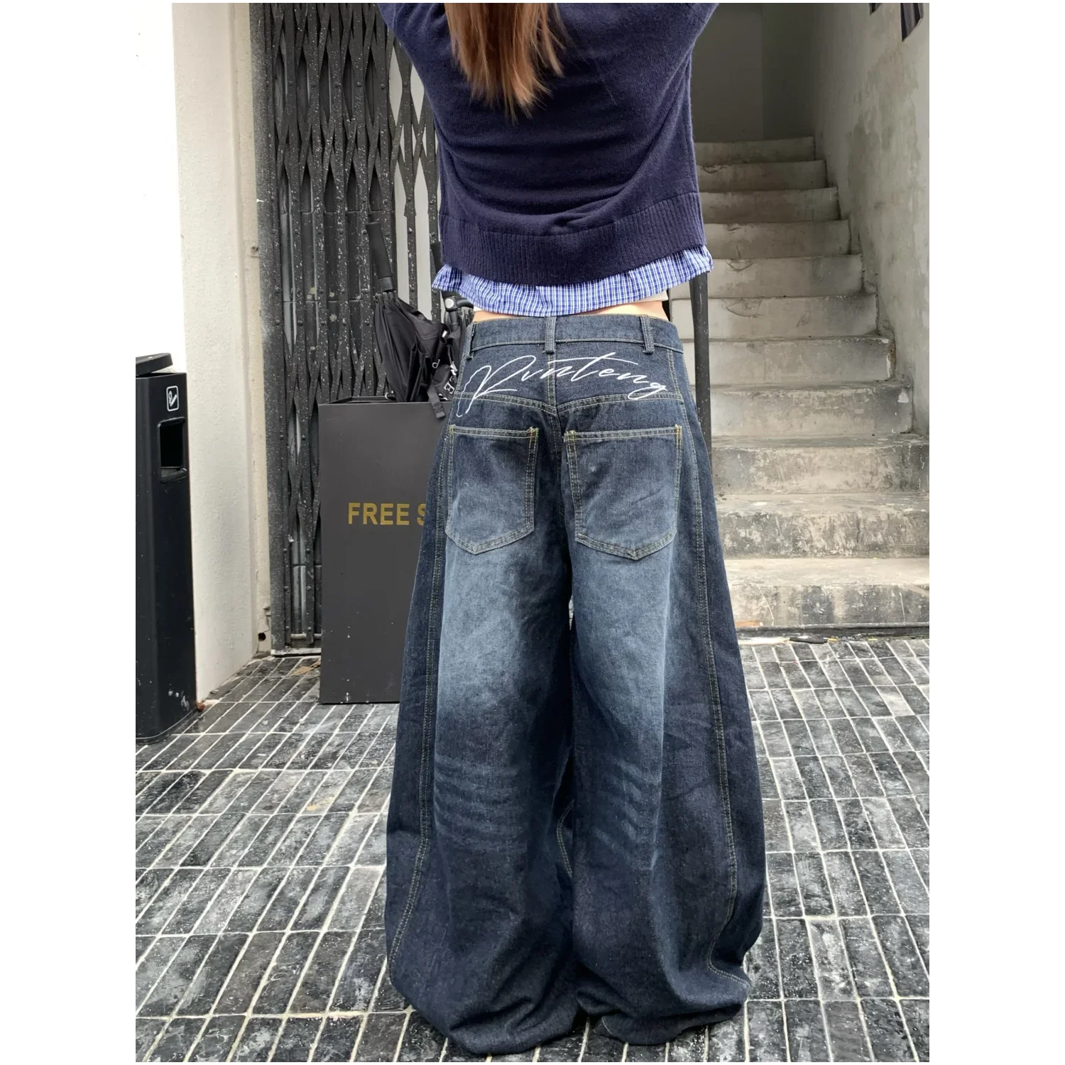 Bxoxo Y2k Letter Embroidery Washed Women Jeans Vintage Harajuku Wide Leg Denim Pants Baggy Gyaru Scimitar Trousers Streetwear