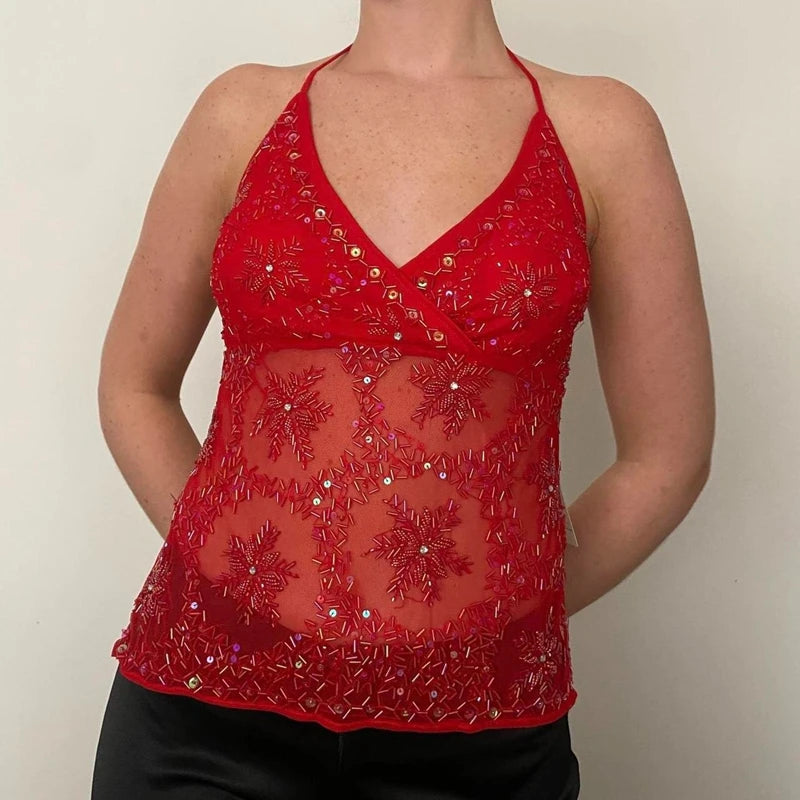 BXOXO Women's Sequin Halter Tank Tops Sleeveless V-Neck Backless Slim Fit Sheer Mesh Vest Y2k Sparkle Club Party Rave Outfit