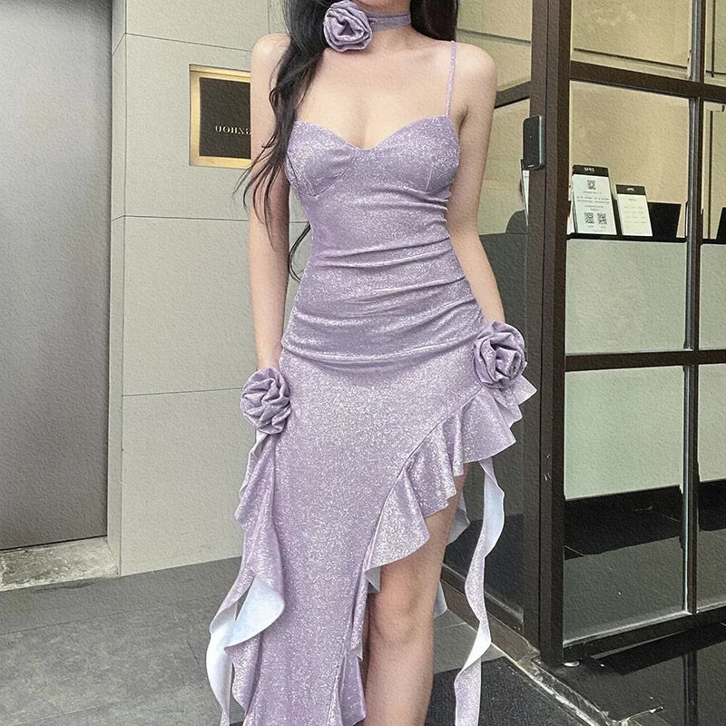 BXOXO Elegant Summer New Style Women's Dress Slim Fit with Slit V-Neck Sleeveless Ankle-Length Regular Waist Line Floral Sash