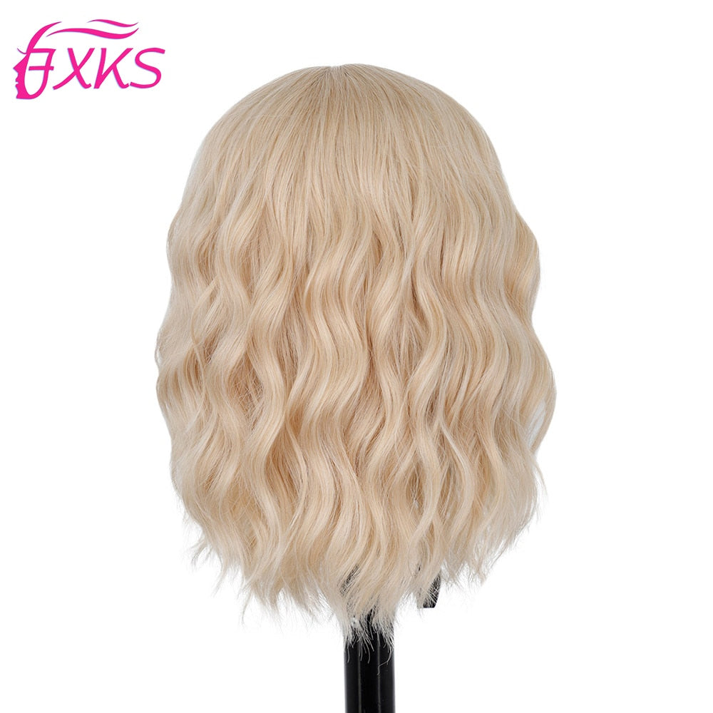 BXOXO Blonde Gold Short Wavy Synthetic Wigs With Bangs Brown Grey Silver Black Color Body Wave Hair Wigs 14Inch 200G For Women FXKS