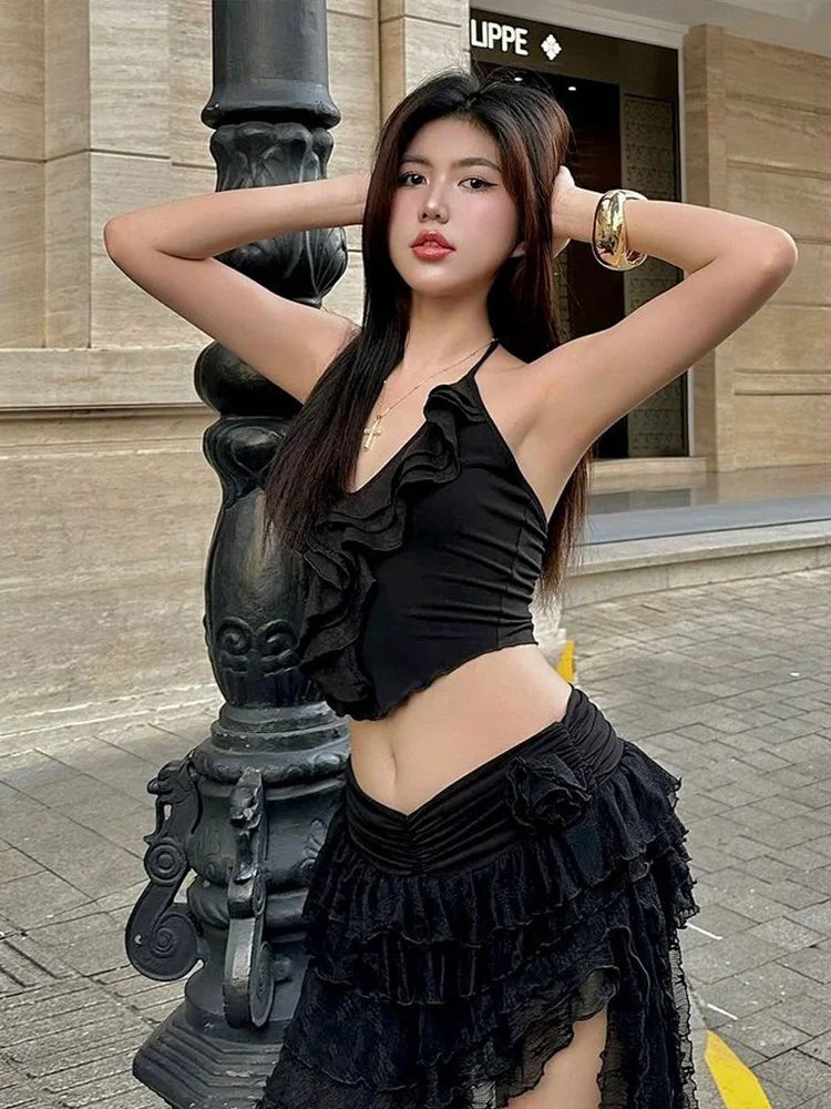 BXOXO 2 Piece Set Women Summer Lace-Up Low-Neck Multi-Layered Lace Collarmini Tops+Tassel Skirt Multilayer Irregular Hem Suit