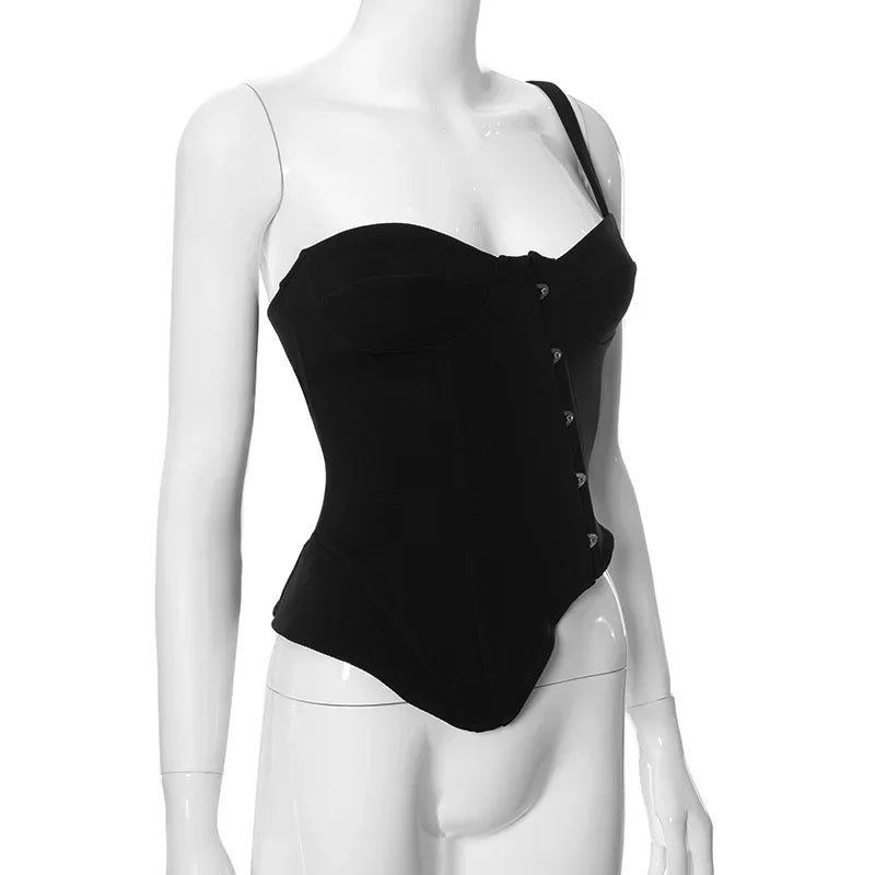 Bxoxo Fashion Women Buckle Irregular Crop Tops One Shoulder Strap Corset Tops Slim Waist  Low-cut Tanks Camis Bralette Bustiers New