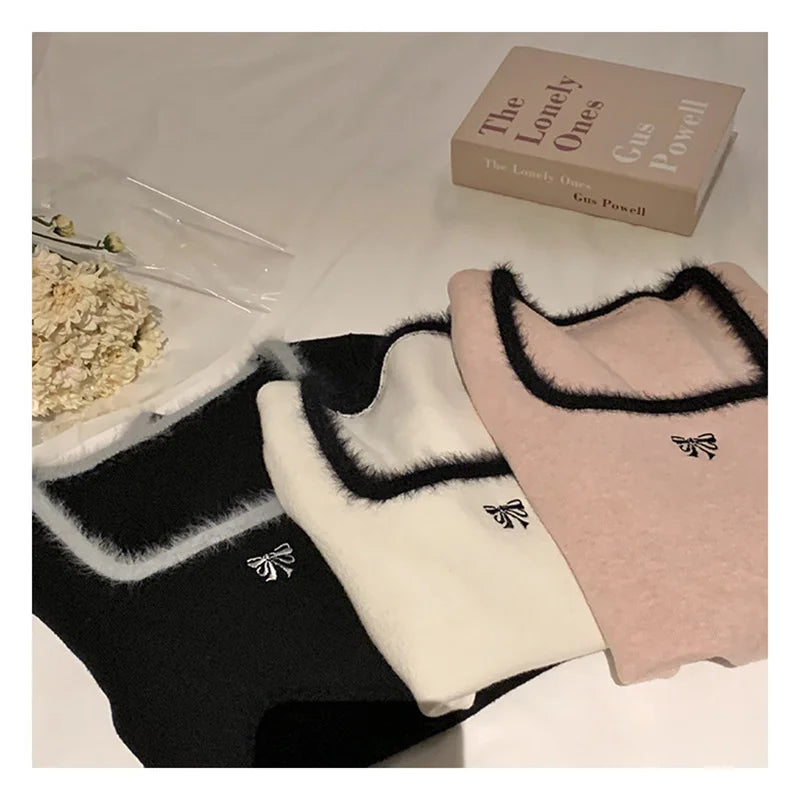 Bxoxo Women Butterfly Embroidered T-shirts Square Neck  Long Sleeve Patchwork Y2K T-Shirts Casual Tees Women Autumn Winter