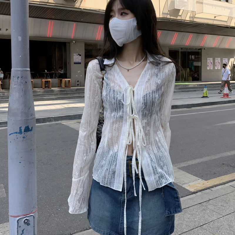 Bxoxo Women Streetwear Shirts Fashion Lace Up Long Sleeve Blouse Korean Y2K Casual Female Loose Sun Protection Shirts Spring New