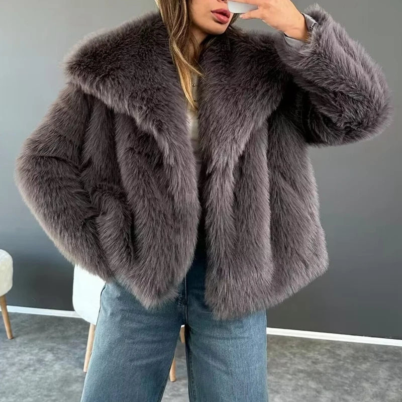 BXOXO Women Faux Fur Coat Warm Winter Long Sleeve Lapel Collar Coat Outwear Elegant Lady Fashion Jacket 90s Vintage Y2K Streetwear