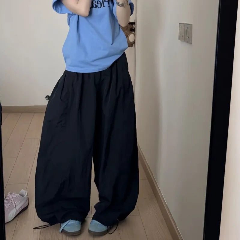 Bxoxo Gary Oversized Women Cargo Pants Wide Leg Elastic High Solid Color Korean Fashion Baggy Trousers Grunge Streetwear