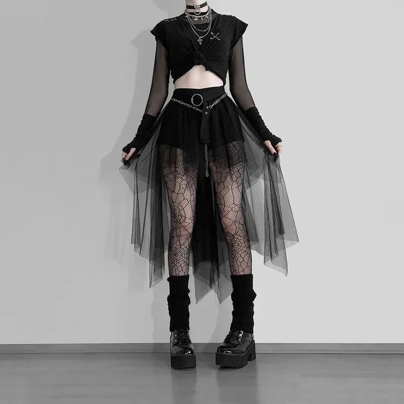 Bxoxo Sexy Net Yarn High-Waisted Irregular Skirt for Women Summer New European and American Gothic Style Versatile Casual Skirts