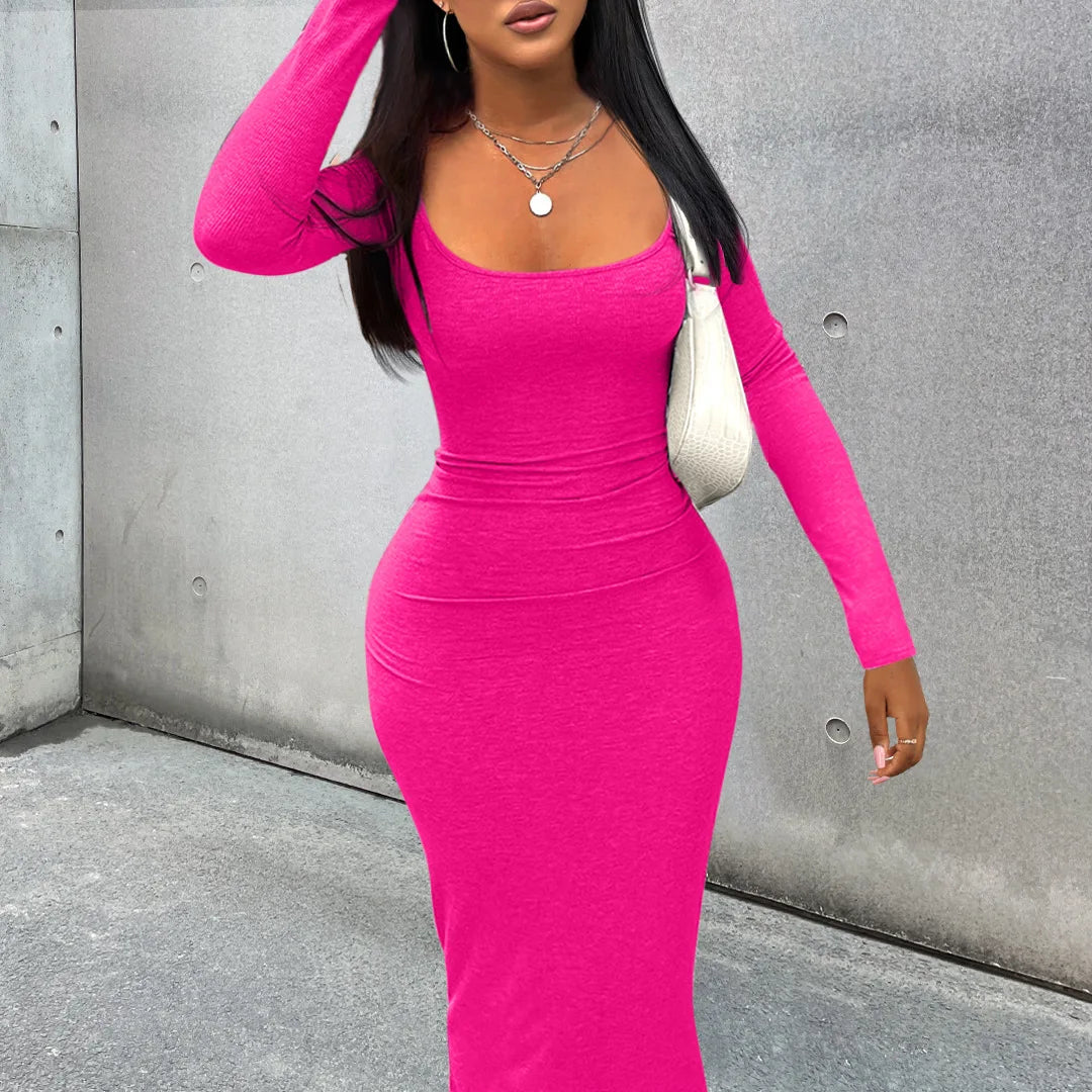 BXOXO Women Dresses Long Sleeve Sheath Square Collar Slim Fit Dress Vestidos Slight Strech Streetwear Solid Sexy Wrap Buttocks