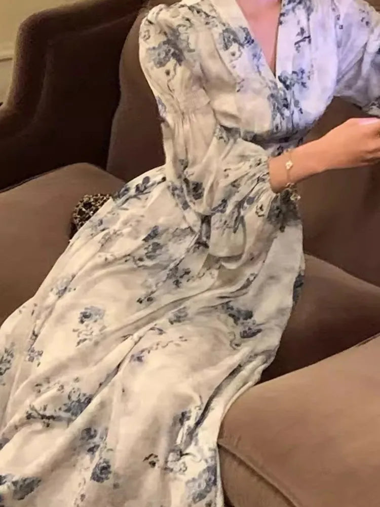 BXOXO Women Fashion Casual A-Line Print Long Dress Spring Summer Vintage Elegant Party Birthday Clothes Female Vestidos Wedding Robe