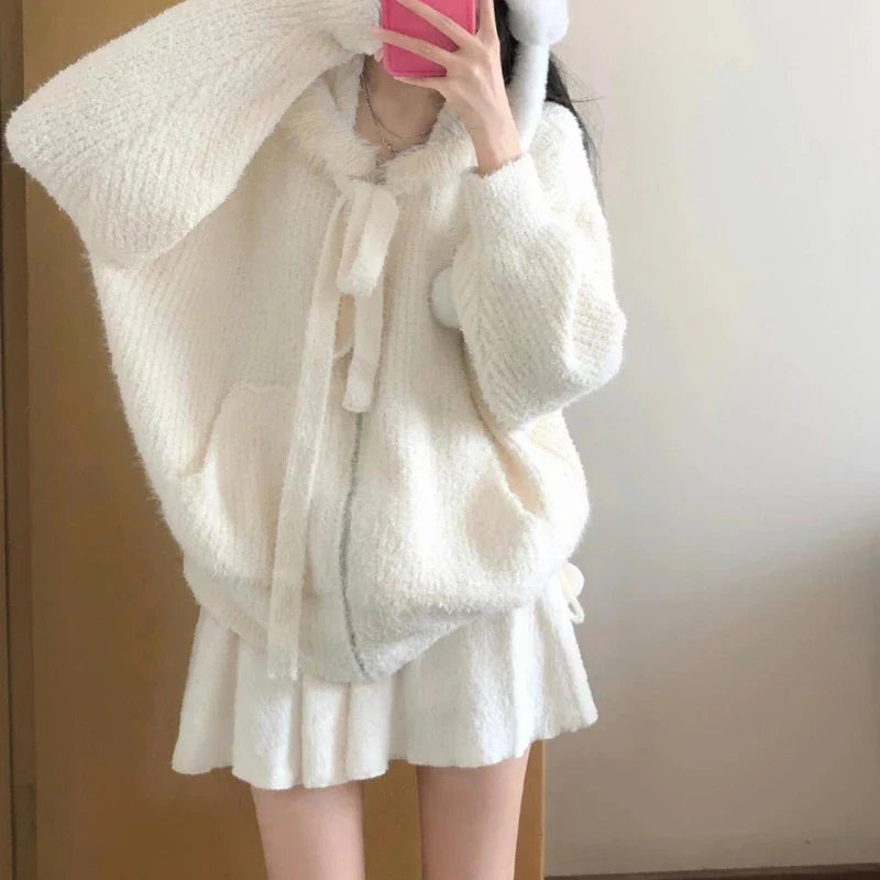 BXOXO Kawaii Sweet Knitted Cardigan Women Elegant Zip Up Hooded Cardigan Cute Japanese Style Solid Autumn Winter Sweater Coat