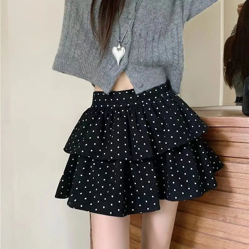 BXOXO Sweet Kawaii Mini Skirt Women Grey Korean Style Elegant Dot Short Skirts Coquette Fashion High Waist Cute Ruffle Skirt