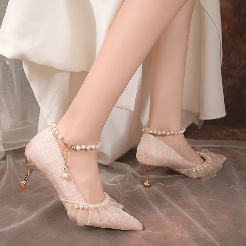 BXOXO Pearl Ankle Strap Thin Heel Pumps Women Sexy Lace String Bead Party Wedding Shoes Woman Autumn Pointed Toe High Heels Pumps