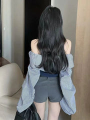 Bxoxo Sexy Slash Neck T Shirt Women Autumn Fashion Striped Patchwork Slim Long Sleeve Pullover Y2K Korean Chic Letter Print Streetwear