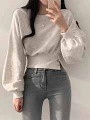 Autumn Crop Sweatshirt Women Harajuku Long Sleeve Top Female Korean Chic Sporty Hoodies Ladies Vintage Casual Button Sweatshirts