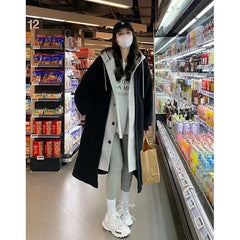Women's Autumn Winter Style Fit Thickened High-end Feel Medium-length Illusion Hooded Jacket Two-piece Faux Lamb Wool Overcoat
