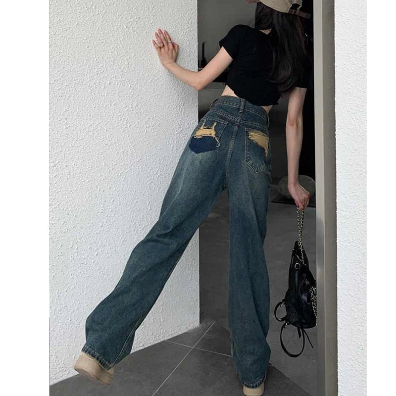 Bxoxo Wide Leg Jeans For Women High Waisted Contrasting Straight Leg Pant Autumn lady Loose Pants Streetwear