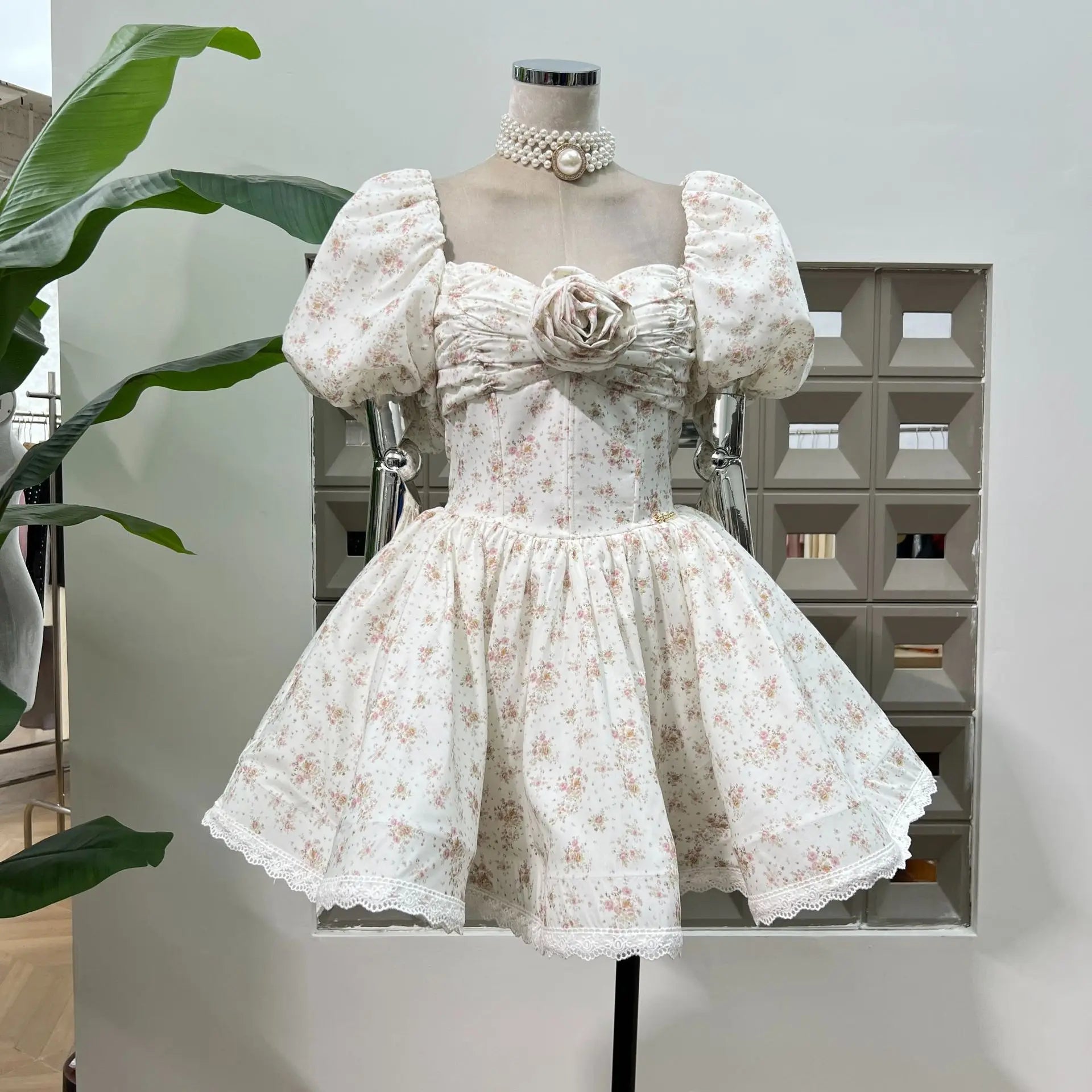 BXOXO French Spliced Appliques Sweet A Line Dresses For Women Slash Neck High Waist Printing Lace Backless Dress Female Fashion