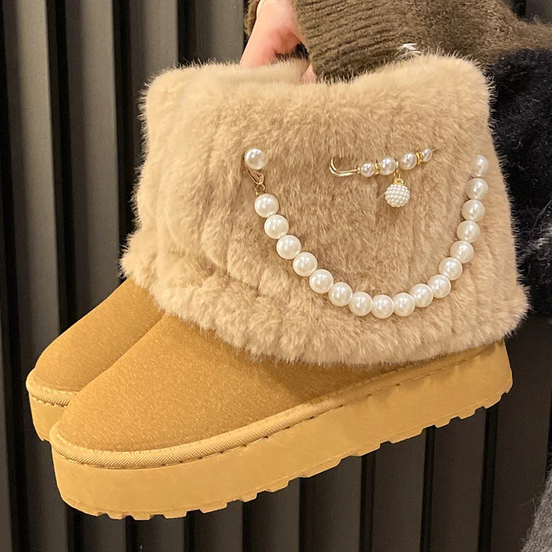 BXOXO Winter New String Bead Plush Women's Boots Warm Stylish Thick Platform Slip On Boots Faux Fur Plus Size 43 Ankle Botas Shoes