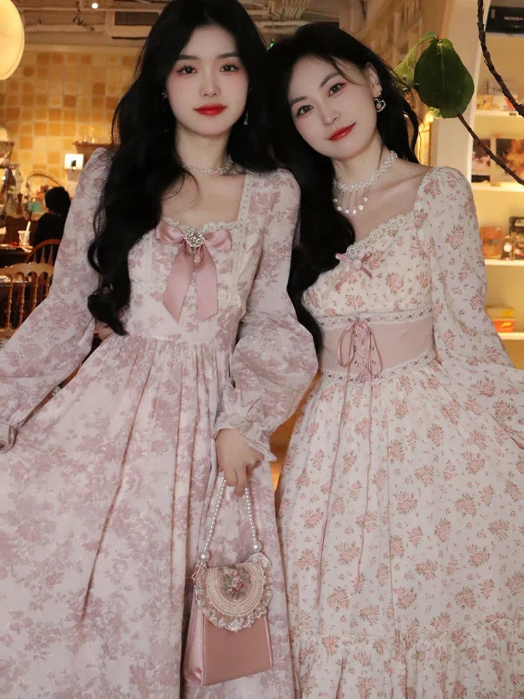 BXOXO Spring Pink Floral Elegant Dress Women Bandage Lace Print Sweet Vintage Dress Puff Sleeve Kawaii Dress Women Princess Fairy