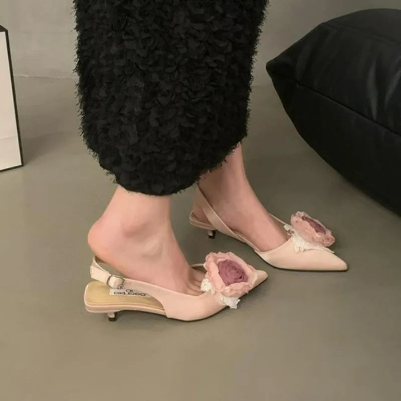 BXOXO New Flower Designer Sandals Women Elegant Satin Mule Shoes Summer Pointed Toe Pumps Low Heel Flowers Slingback Sandals Female