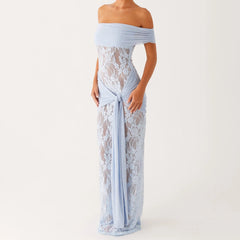 BXOXO Women Twist Maxi Dress Sexy Off Shoulder Lace Patchwork Knot Waistband Mesh Bodycon Long Dress Prom Cocktail Party