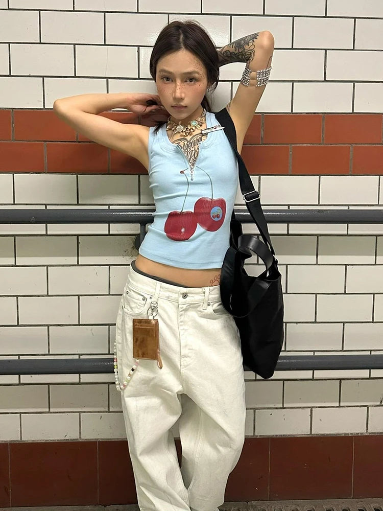 BXOXO Harajuku Print Vintage Tank Tops Women Sleeveless Zipper Y2k Grunge Crop Tops American Retro Tee Tops Summer Out Wear