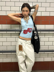 BXOXO Harajuku Print Vintage Tank Tops Women Sleeveless Zipper Y2k Grunge Crop Tops American Retro Tee Tops Summer Out Wear