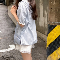 Bxoxo Women's Summer Fre Loose Slimming Japanese Sle Plaid ort Sve irt with Hood Sweet Sle Regular Length Single Button