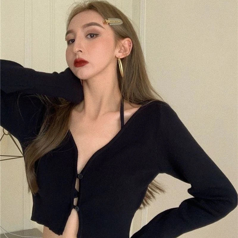 Bxoxo Sexy V Neck Crop Cardigans Y2K Summer Korean Long Sleeve Button Sweater Fashion Slim Thin Black Knitting Sun Protection Jumper