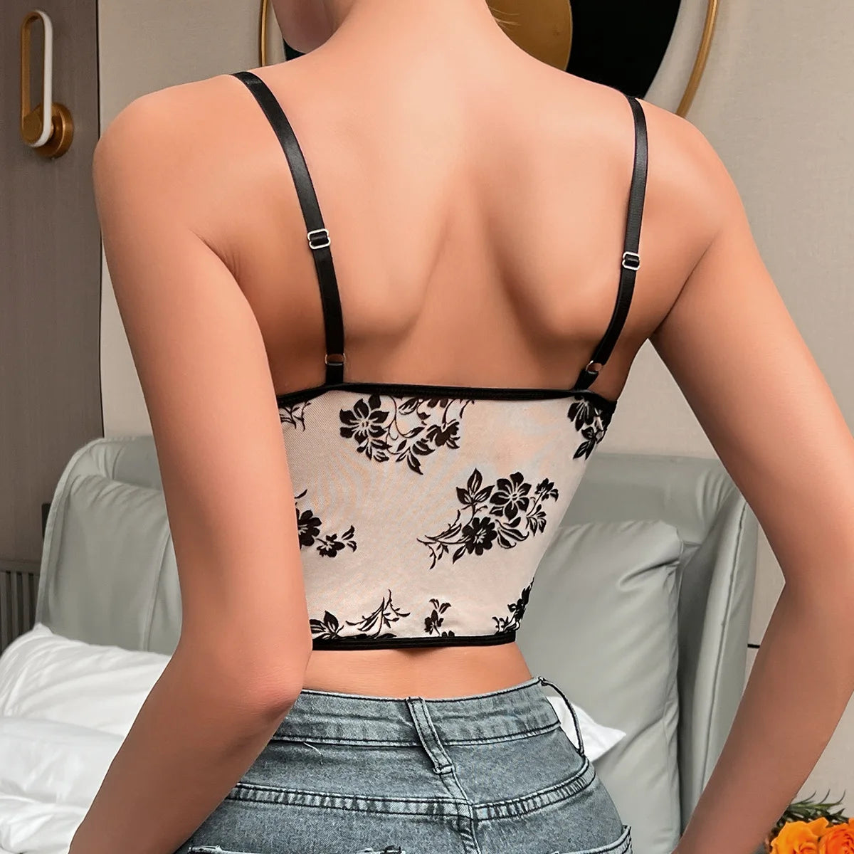 BXOXO Women's Casual Floral Print Lace Up Back Sleeveless Spaghetti Strap Bandeau Tube Crop Corset Party Crop Top Outfits Corset Y2K