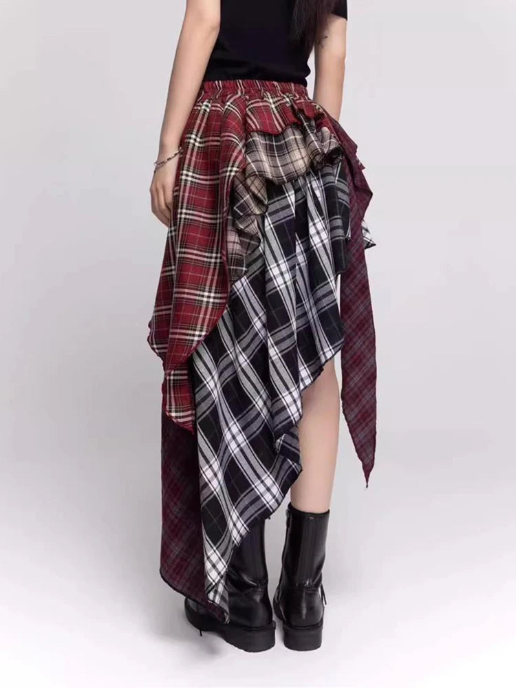 Bxoxo Irregular Y2K Plaid Skirt Women High Waist Vintage Streetwear Gothic Long Skirts American Retro Harajuku Lady Summer Skirts