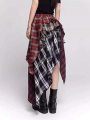 Bxoxo Irregular Y2K Plaid Skirt Women High Waist Vintage Streetwear Gothic Long Skirts American Retro Harajuku Lady Summer Skirts