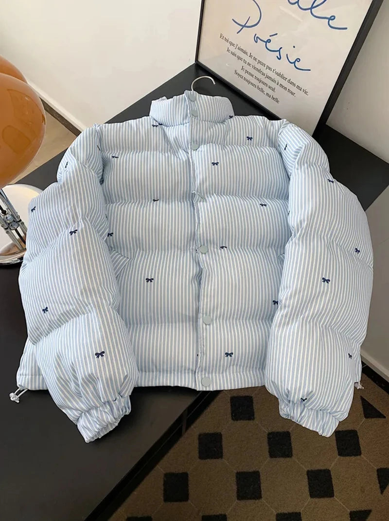 Bxoxo Blue Striped Crop Parkas for Women Y2K Sweet Butterfly Loose Cotton Warm Jacket Winter Fashion Preppy All Match Bread Outwear