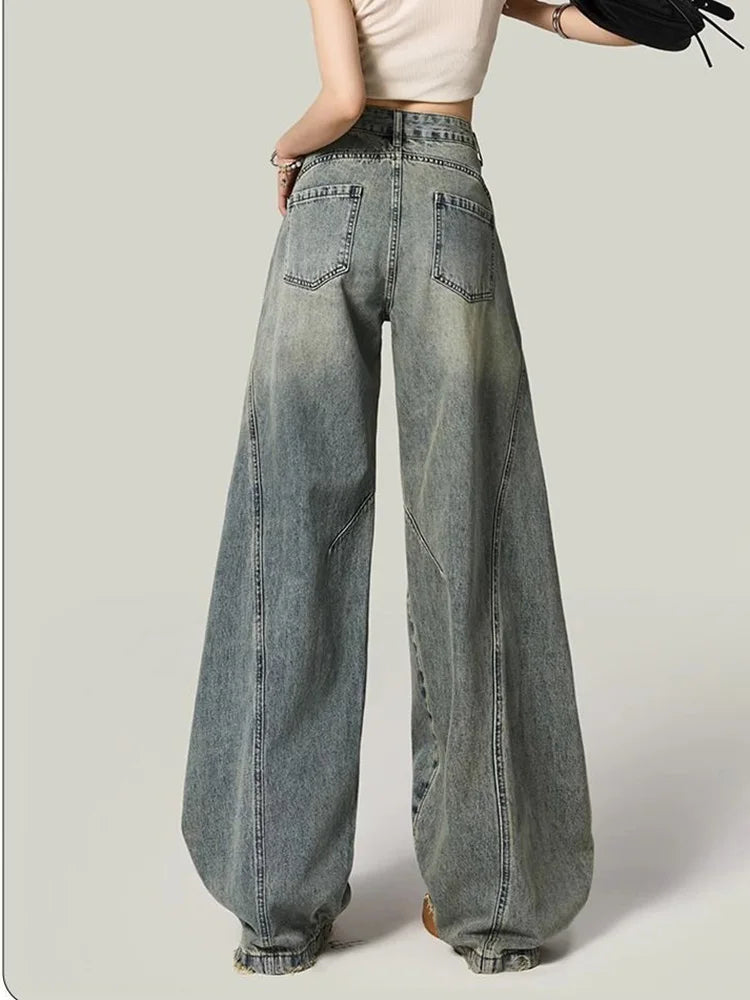 Bxoxo Women Y2K Hole Jeans Streetwear American Retro High Waist Loose Denim Pants Casual Hip Hop Vintage Pockets Lady Gothic Trousers