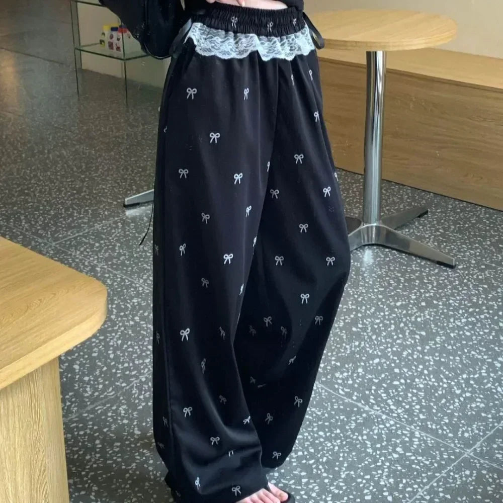Bxoxo Fashion Lace Patchwork Women Casual Pants Summer Loose Preppy Bow Print Jogging Pants High Waist All Match Straight Trousers