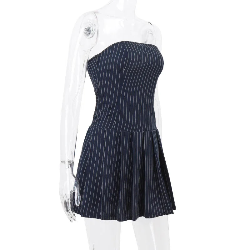 Bxoxo Fashion Stripe Slash Neck Dress Women Y2K Sleeveless Slim Splicing Pleated Dress Sexy Chest Wrap Off Shoulder Mini Vestidos New